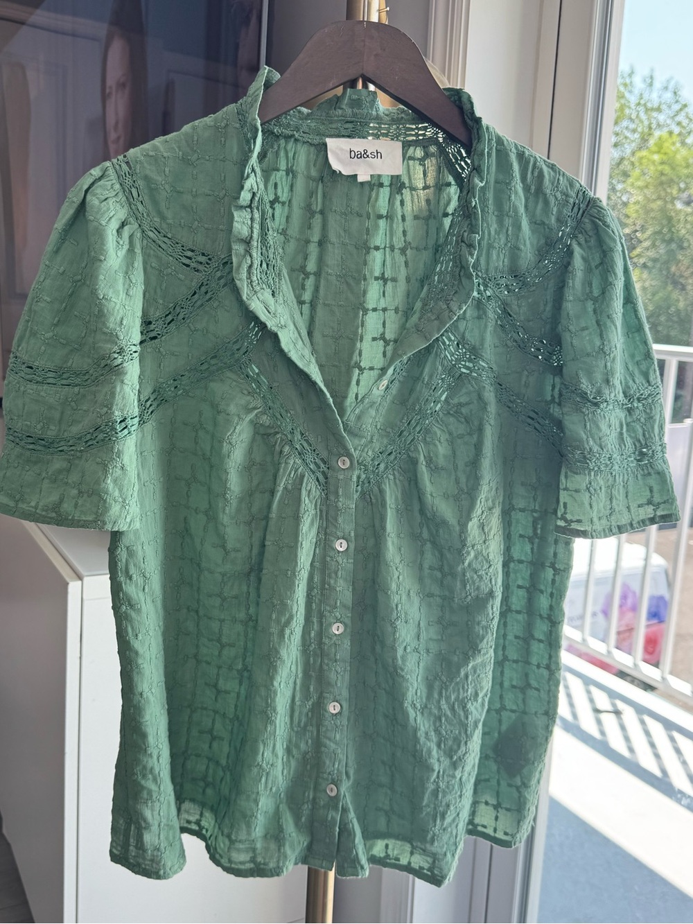 ba&sh Baria Blouse in Green Lace Trim Eyelet Puff Sleeve | 1